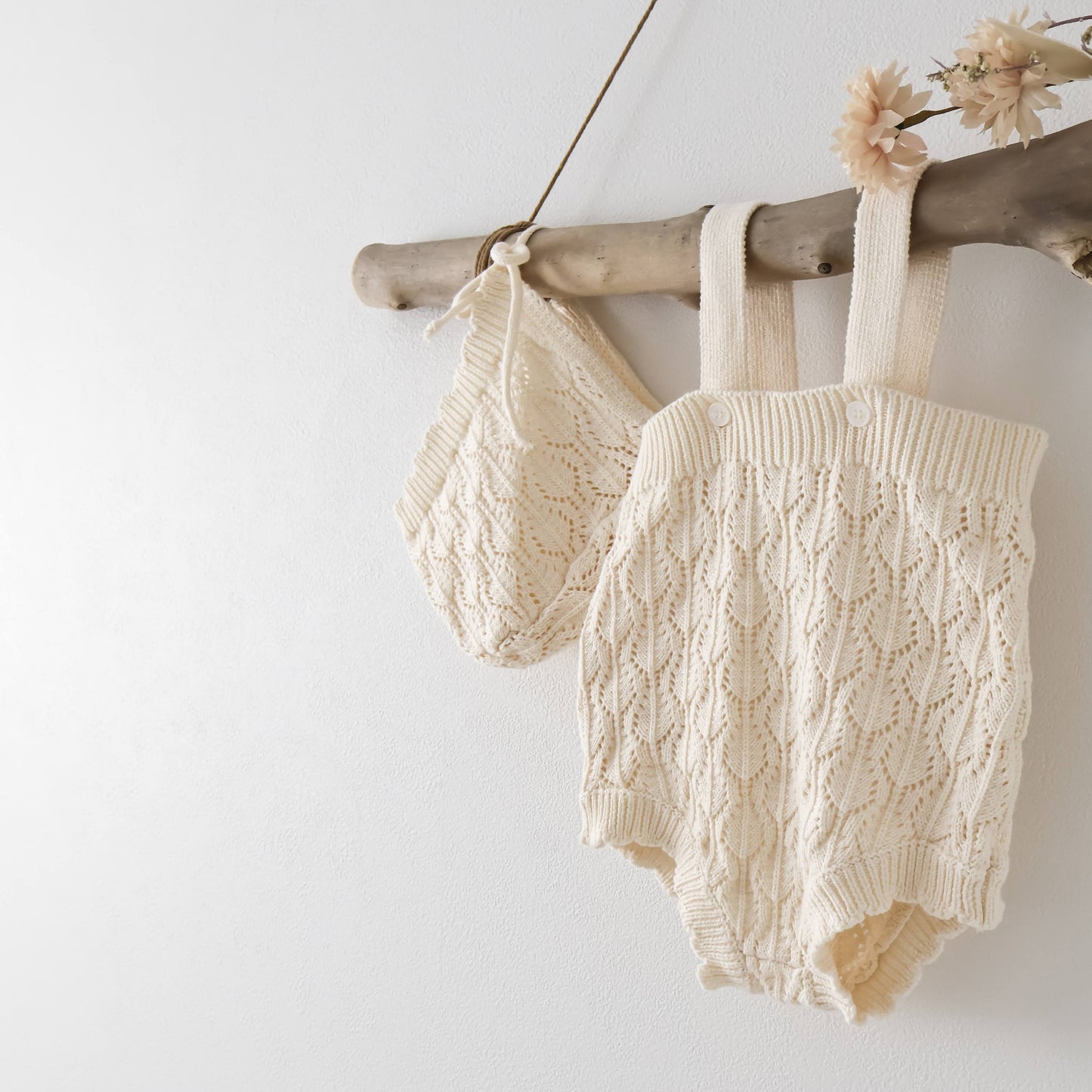 透かし編みニットサロペ&ボンネット(2color)