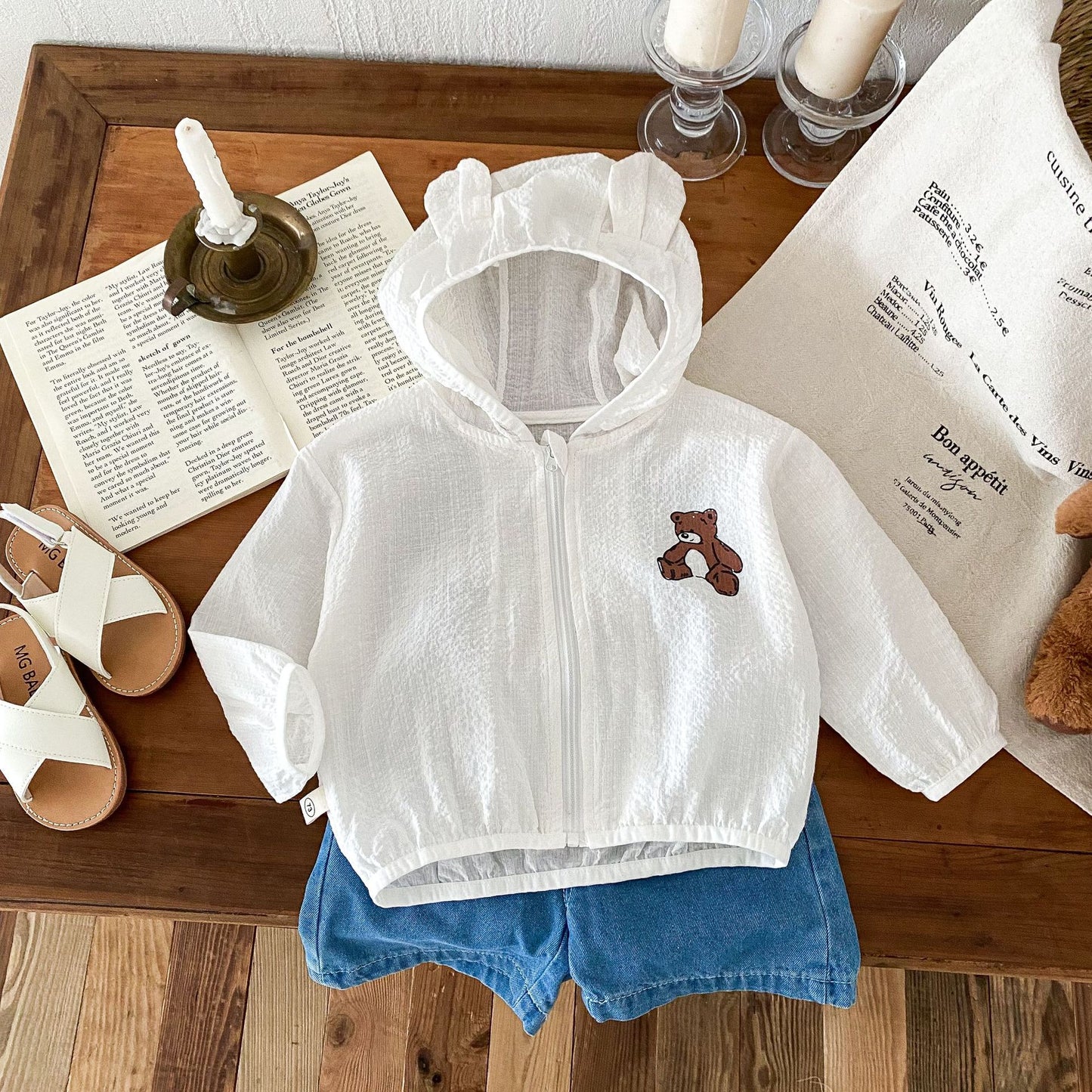 ベビークマ耳フードジッパーカーディガン