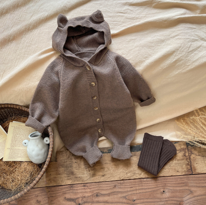 くま耳フードニットロンパース(3color)