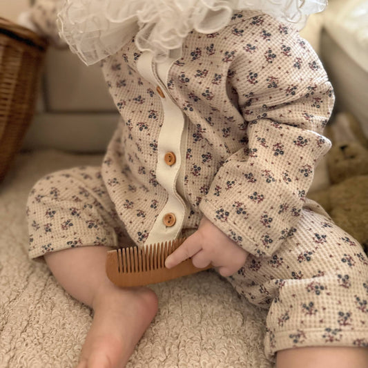 [2color / 66-90] 花柄ワッフルベビーロンパース