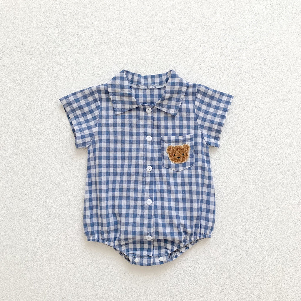 ポケットくまちゃんチェックロンパース(3color)