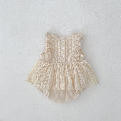 ナチュラル刺繍フリルサマーロンパース