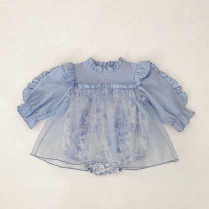 ブルーフローラルシャツロンパース