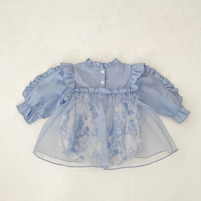 ブルーフローラルシャツロンパース