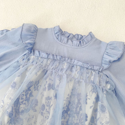 ブルーフローラルシャツロンパース