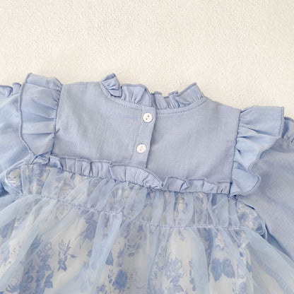 ブルーフローラルシャツロンパース