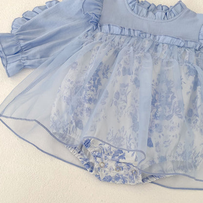 ブルーフローラルシャツロンパース