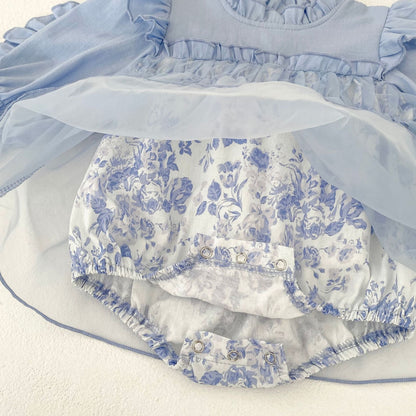 ブルーフローラルシャツロンパース