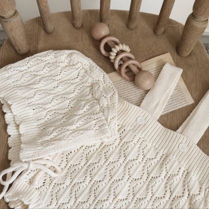 透かし編みニットサロペ&ボンネット(2color)