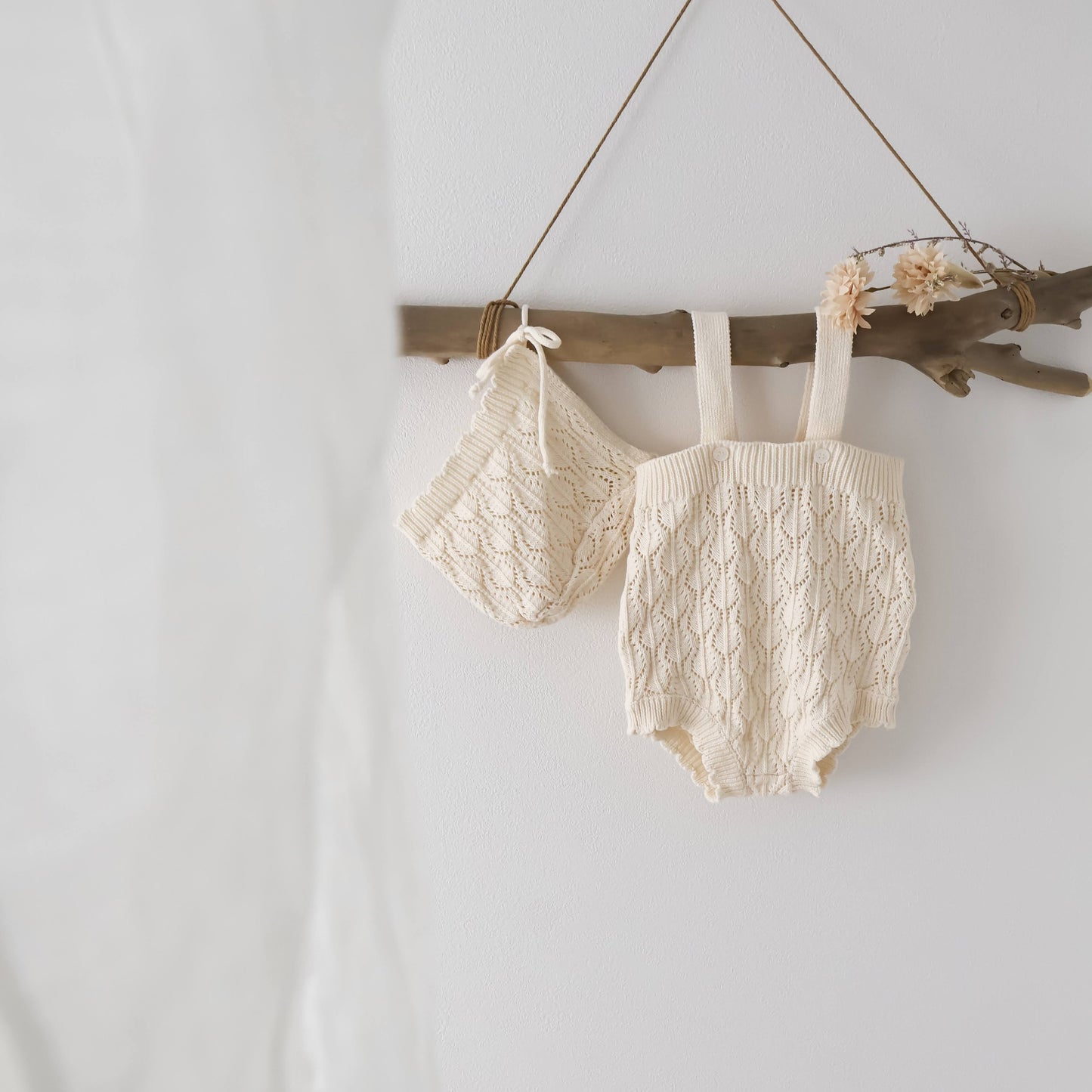 透かし編みニットサロペ&ボンネット(2color)