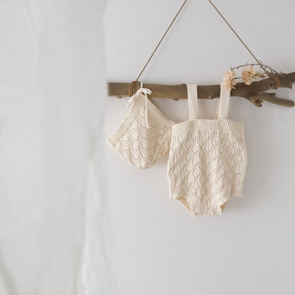 透かし編みニットサロペ&ボンネット(2color)