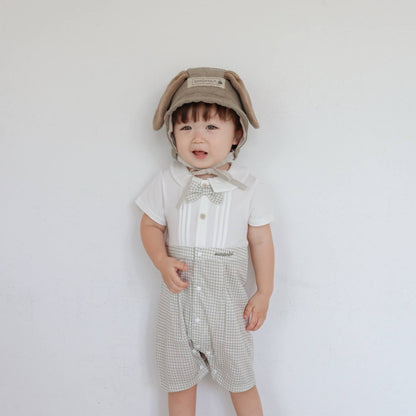 淡色チェックボーイシャツロンパース