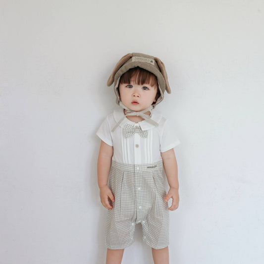 淡色チェックボーイシャツロンパース