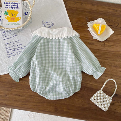 白衿ギンガムチェックロンパース