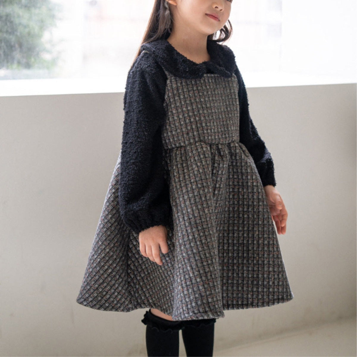 [2color / 73-100] レトロチェックショルダーワンピース