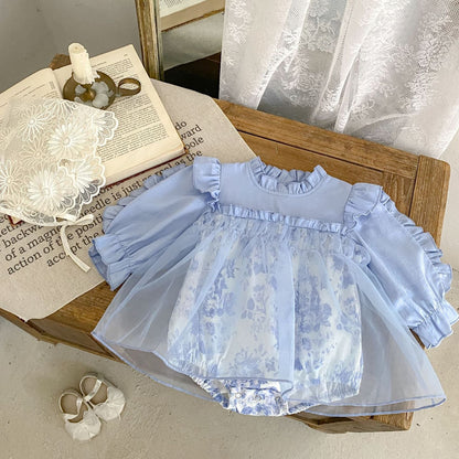 ブルーフローラルシャツロンパース