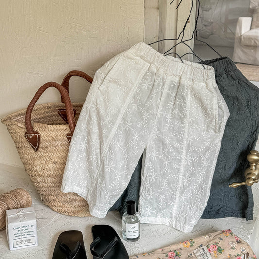 🅽🅴🆆 [2color / 80-130] フラワー刺繍ワイドレッグパンツ