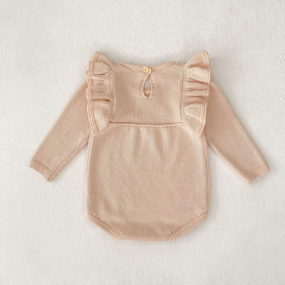 パステルピンクフリルニットロンパース