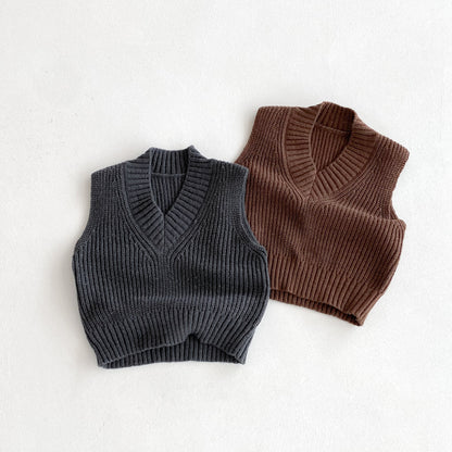 [2color / 80-130] Vネックレトロベストニット