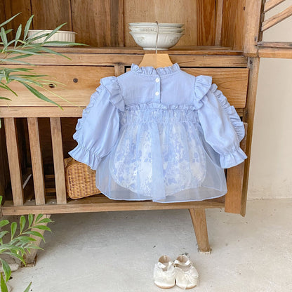 ブルーフローラルシャツロンパース