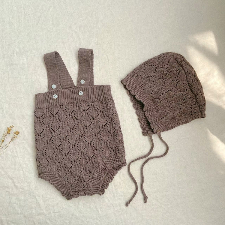 透かし編みニットサロペ&ボンネット(2color)