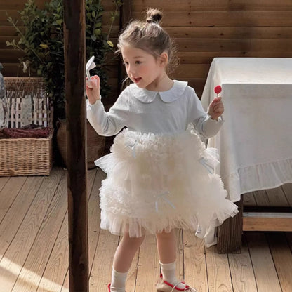 🅽🅴🆆 丸衿シャツ切替ギャザーチュールドレス