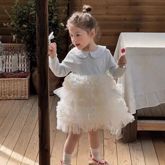 🅽🅴🆆 丸衿シャツ切替ギャザーチュールドレス