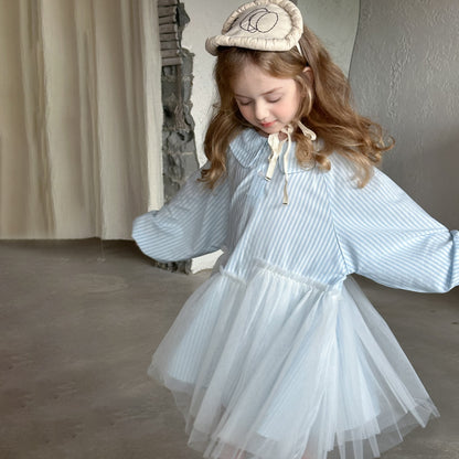 ストライプチュールシャツワンピース