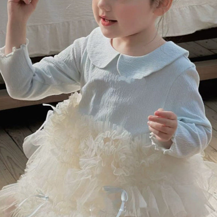 🅽🅴🆆 丸衿シャツ切替ギャザーチュールドレス