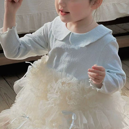 🅽🅴🆆 丸衿シャツ切替ギャザーチュールドレス