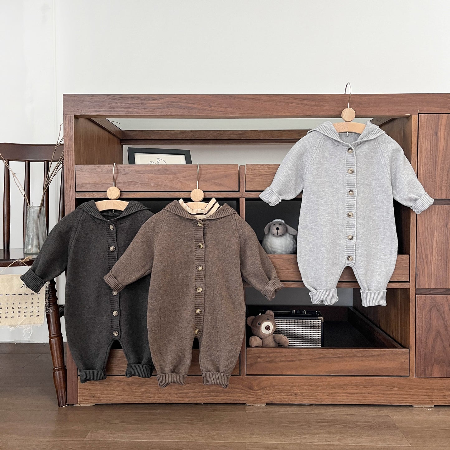 くま耳フードニットロンパース(3color)