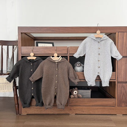 くま耳フードニットロンパース(3color)