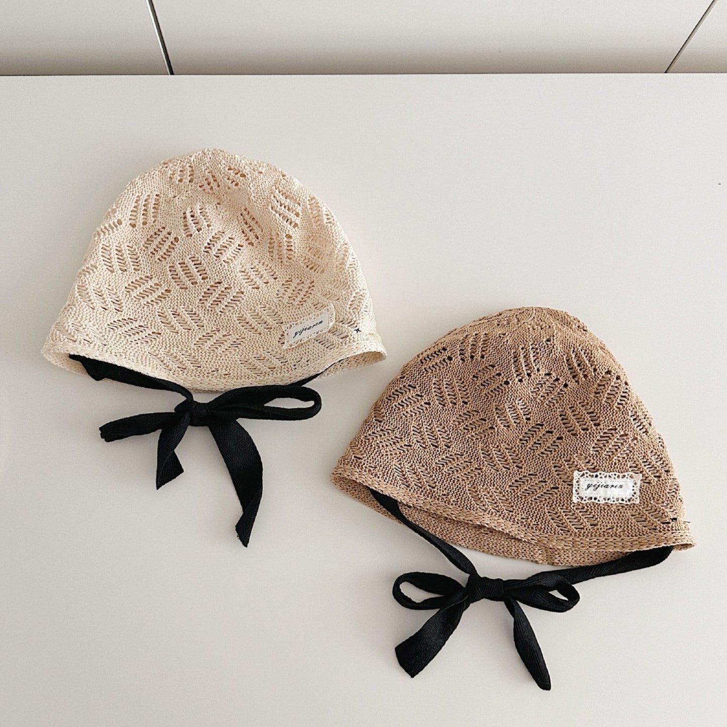 柄編みリボンボンネット(2color)