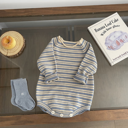 こっくりブルーニットボーダーロンパース