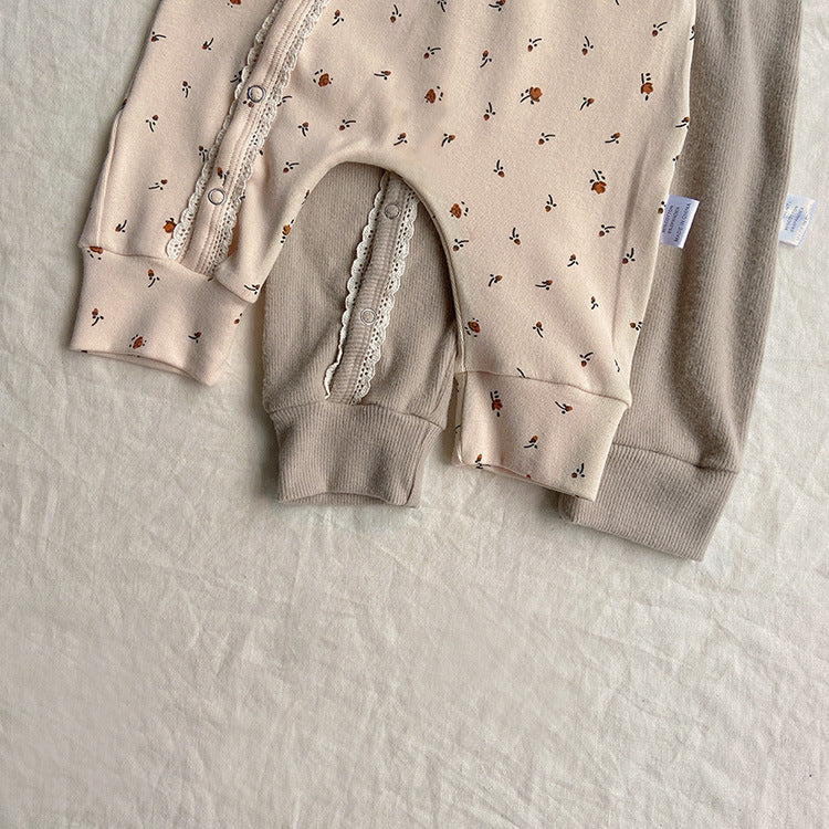 [2color / 66-90] フロントボタンレースロンパースセット