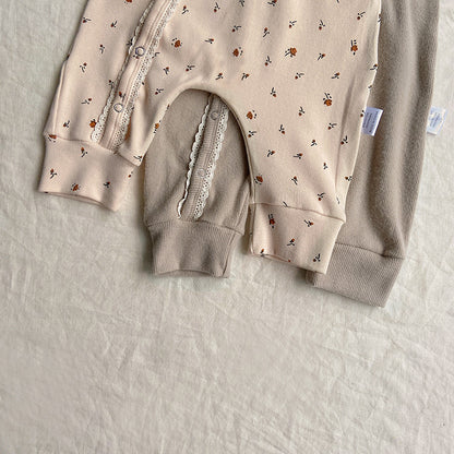 [2color / 66-90] フロントボタンレースロンパースセット
