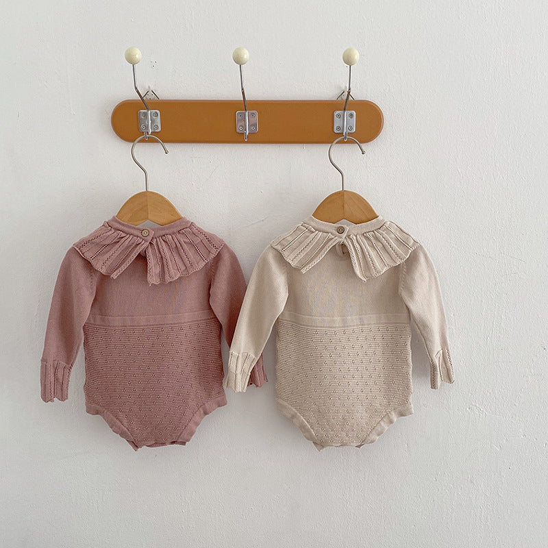 [2color / 66-90] ニットフリルカラー長袖ロンパース
