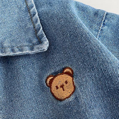 [2color / 59-100] 刺繍ベアデニムロンパース