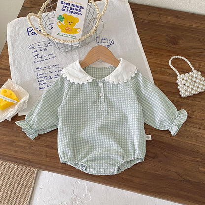 白衿ギンガムチェックロンパース