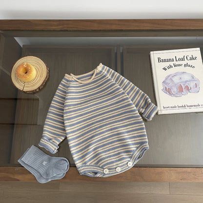 こっくりブルーニットボーダーロンパース