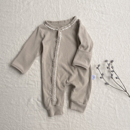 [2color / 66-90] フロントボタンレースロンパースセット