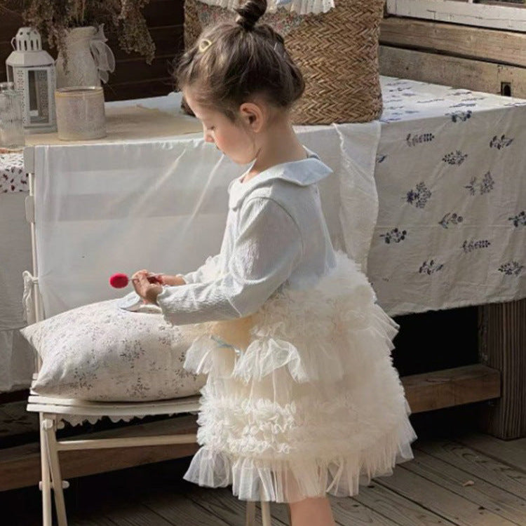 🅽🅴🆆 丸衿シャツ切替ギャザーチュールドレス