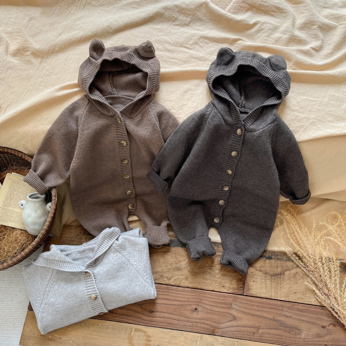 くま耳フードニットロンパース(3color)