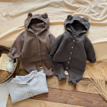 くま耳フードニットロンパース(3color)