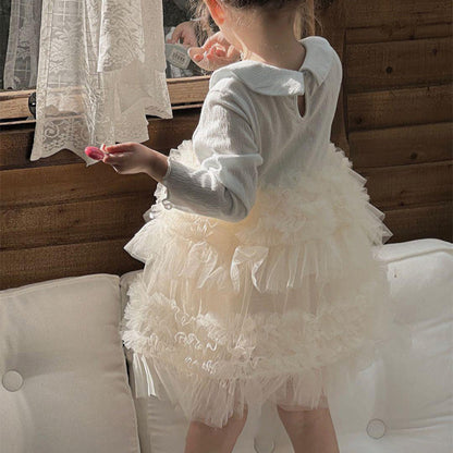 🅽🅴🆆 丸衿シャツ切替ギャザーチュールドレス