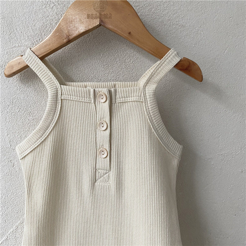[5color / 66-90] コットンワッフルキャミロンパース