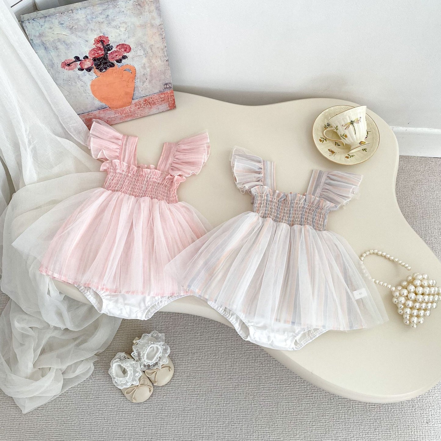 フリルスリーブラブリーチュールロンパース(2color)