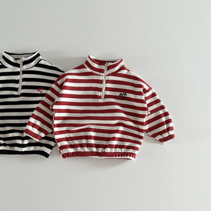 [2color / 80-130] ボーダーハーフジップスウェットトップス