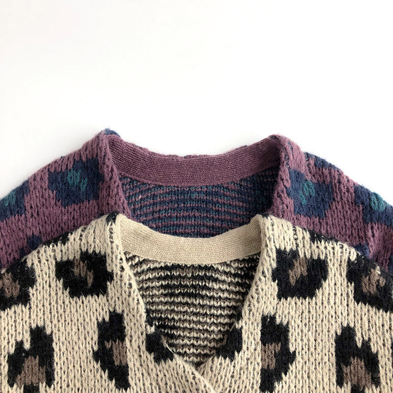 🅽🅴🆆 [2color / 80-130] ヒョウ柄ざっくりニットカーディガン