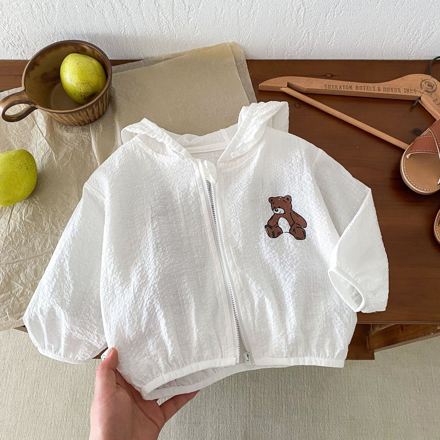 ベビークマ耳フードジッパーカーディガン